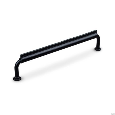 Tirador para mueble rectangular Burano Stitched 192, metal negro con cuero negro