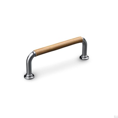 Tirador para mueble rectangular Burano Swept 96 plateado cepillado con cuero marrón claro