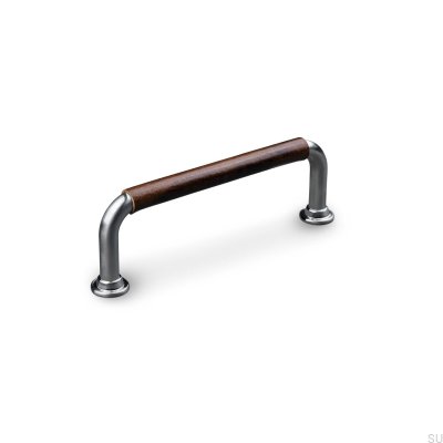Tirador para mueble alargado Burano Swept 96, plata cepillada con cuero marrón