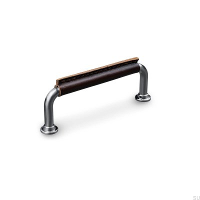 Tirador para mueble alargado Burano Cosido 96 Plata Cepillada con Cuero Marrón