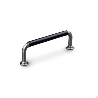 Tirador para mueble rectangular Burano Swept 96 Plata cepillada con cuero negro