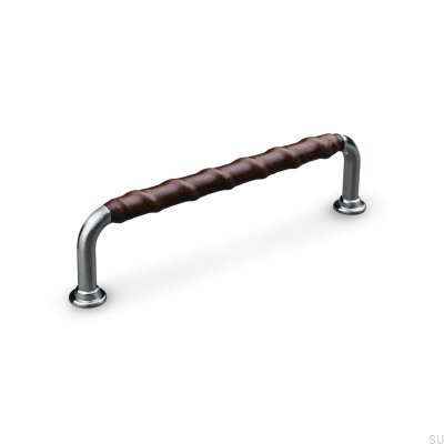 Tirador para mueble rectangular Burano Wrapped 128 plateado cepillado con cuero marrón
