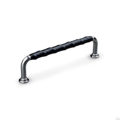 Tirador para mueble alargado Burano Wrapped 128, plata cepillada con cuero negro