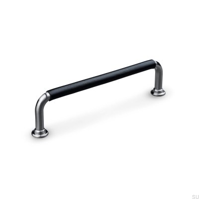 Tirador para mueble alargado Burano Swept 128 Plata cepillado con cuero negro