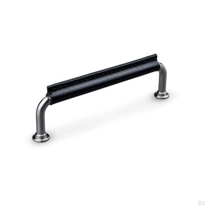 Tirador para mueble alargado Burano Stitched 128 Plata cepillado con cuero negro