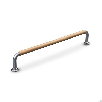 Tirador para mueble alargado Burano Swept 192 Plata cepillado con cuero marrón claro
