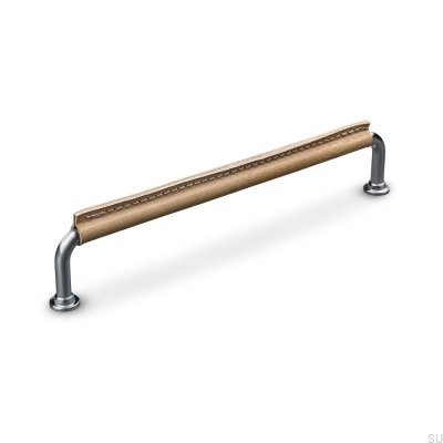 Tirador para mueble alargado Burano Stitched 192 Plata cepillado con cuero marrón claro