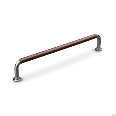 Tirador para mueble alargado Burano Swept 192 Plata cepillado con cuero marrón