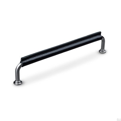 Tirador para mueble alargado Burano Stitched 192 Plata cepillado con cuero negro