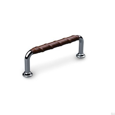 Tirador para mueble rectangular Burano Wrapped 96, cromo pulido con cuero marrón