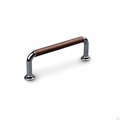 Tirador para mueble rectangular Burano Swept 96 Cromo pulido con cuero marrón