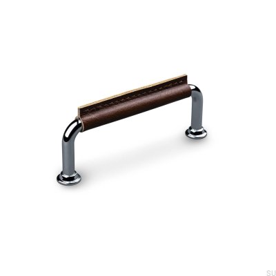 Tirador para mueble rectangular Burano Stitched 96 Cromo pulido con cuero marrón