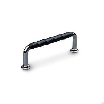 Tirador para mueble rectangular Burano Wrapped 96, cromo pulido con cuero negro