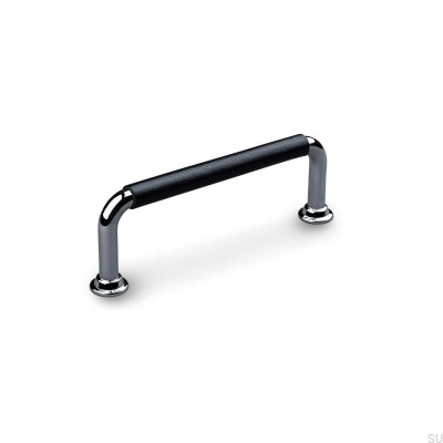 Tirador para mueble rectangular Burano Swept 96, cromo pulido con cuero negro