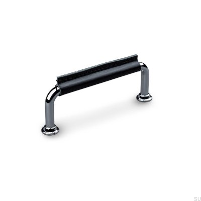 Tirador para mueble rectangular Burano Stitched 96, cromo pulido con cuero negro