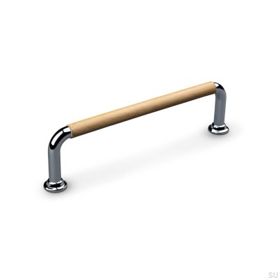 Tirador para mueble rectangular Burano Swept 128 Cromo pulido con cuero marrón claro