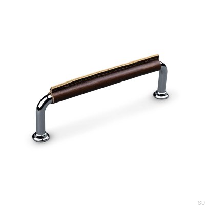 Tirador para mueble rectangular Burano Stitched 128 Cromo pulido con cuero marrón