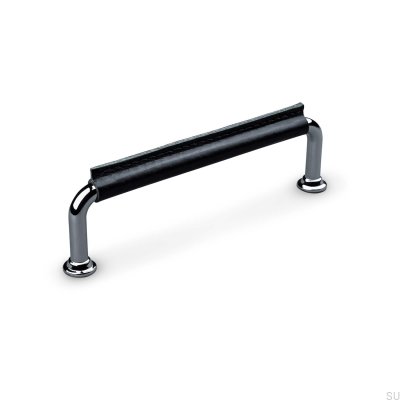 Tirador para mueble rectangular Burano Stitched 128 Cromo pulido con cuero negro