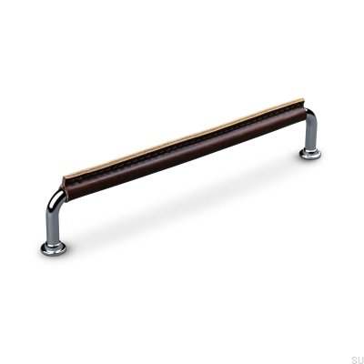 Tirador para mueble alargado Burano Cosido 192 Cromo Pulido con Piel Marrón