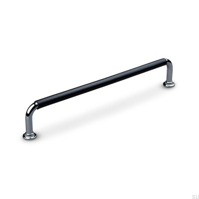 Tirador para mueble rectangular Burano Swept 192 Cromo pulido con cuero negro