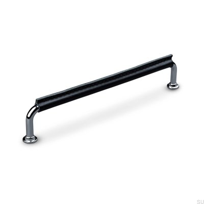 Tirador para mueble rectangular Burano Stitched 192 Cromo pulido con cuero negro