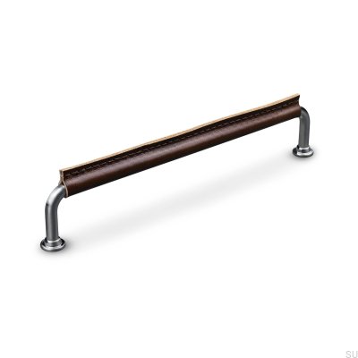 Tirador para mueble alargado Burano Stitched 192 Plata cepillado con cuero marrón