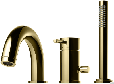 Grifo de bañera de tres orificios con caño y rociador BI047, Latón Dorado Miel