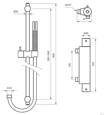 Conjunto de ducha con grifo termostático EVM168-150+ZSAL300 Latón Pulido Sin Pintar