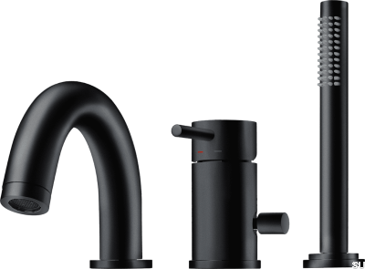 Grifo para bañera de tres orificios con caño y rociador BI047 Latón Negro Mate