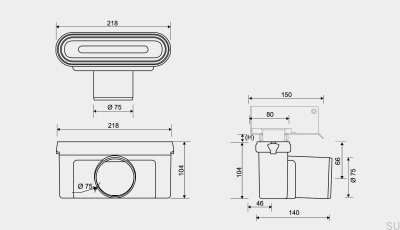 Módulo de desagüe con salida horizontal 75 mm con sifón extraíble para instalación en estructuras de madera
