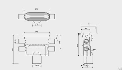 Módulo de desagüe con salida vertical 75 mm con sifón extraíble y cuatro conexiones laterales