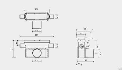 Módulo de desagüe con salida horizontal 75 mm con sifón extraíble y dos conexiones laterales