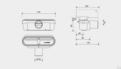 Módulo de desagüe con salida horizontal de 50 mm con sifón extraíble y perfil de montaje bajo