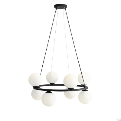Lámpara colgante Krone 8 de metal negro con pantalla lechosa