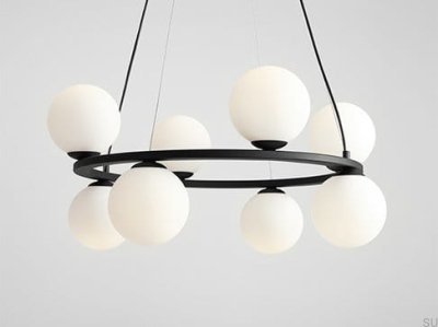 Lámpara colgante Krone 8 de metal negro con pantalla lechosa