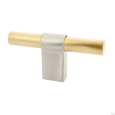 Pomo para muebles T-Bar Line Big Mix 80, latón cepillado sin lacar, con acero cepillado