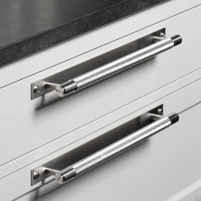 Tirador largo para mueble con placa Cross 125 Acero Plata