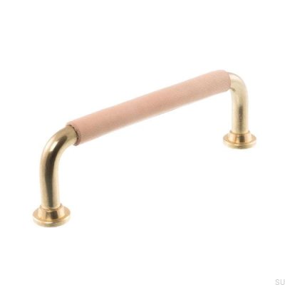 Tirador para mueble alargado LS 1353 128 Latón pulido con cuero natural