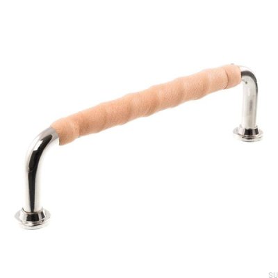 Tirador para mueble alargado LL 1353 128 Níquel pulido con cuero natural