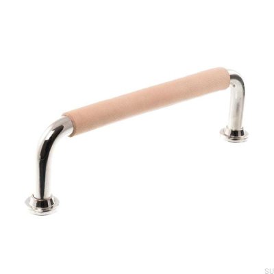Tirador para mueble alargado LS 1353 128 Níquel pulido con cuero natural