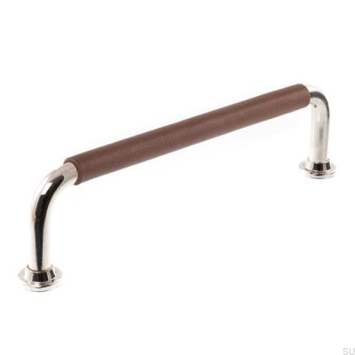 Tirador para mueble alargado 1131LS 1353 128 Níquel pulido con cuero marrón