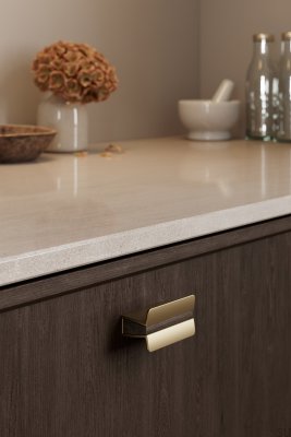 Tirador alargado para muebles Papillon 32, aluminio dorado mate con madera de roble