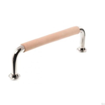 Tirador para mueble alargado LS 1353 96 Níquel pulido con cuero natural