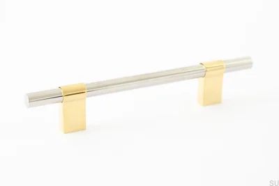 Tirador para mueble rectangular Line Big Mix 128 de latón pulido con acero pulido