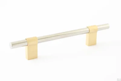 Tirador para mueble rectangular Line Big Mix 128 de latón cepillado con acero pulido
