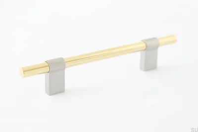 Tirador para mueble rectangular Line Big Mix 128 de acero cepillado con latón pulido