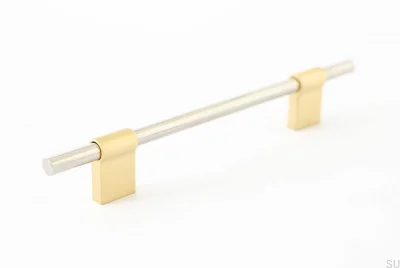 Tirador para mueble oblongo Line Mix 128 de latón cepillado con acero pulido