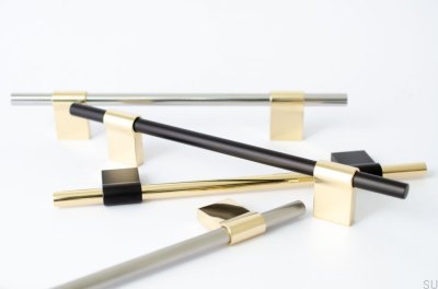Tirador para mueble oblongo Line Mix 128 de latón cepillado con acero pulido