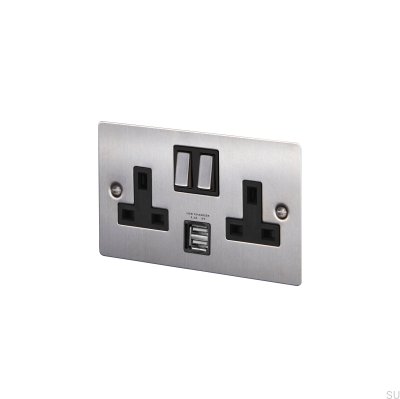 Enchufe estándar británico de acero plateado con doble puerto USB tipo G (Reino Unido, 2G)