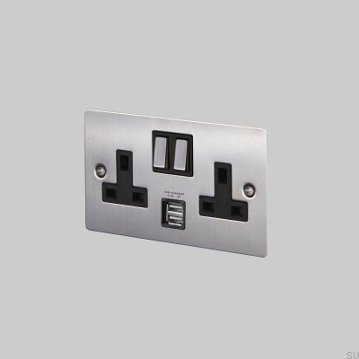 Enchufe estándar británico de acero plateado con doble puerto USB tipo G (Reino Unido, 2G)